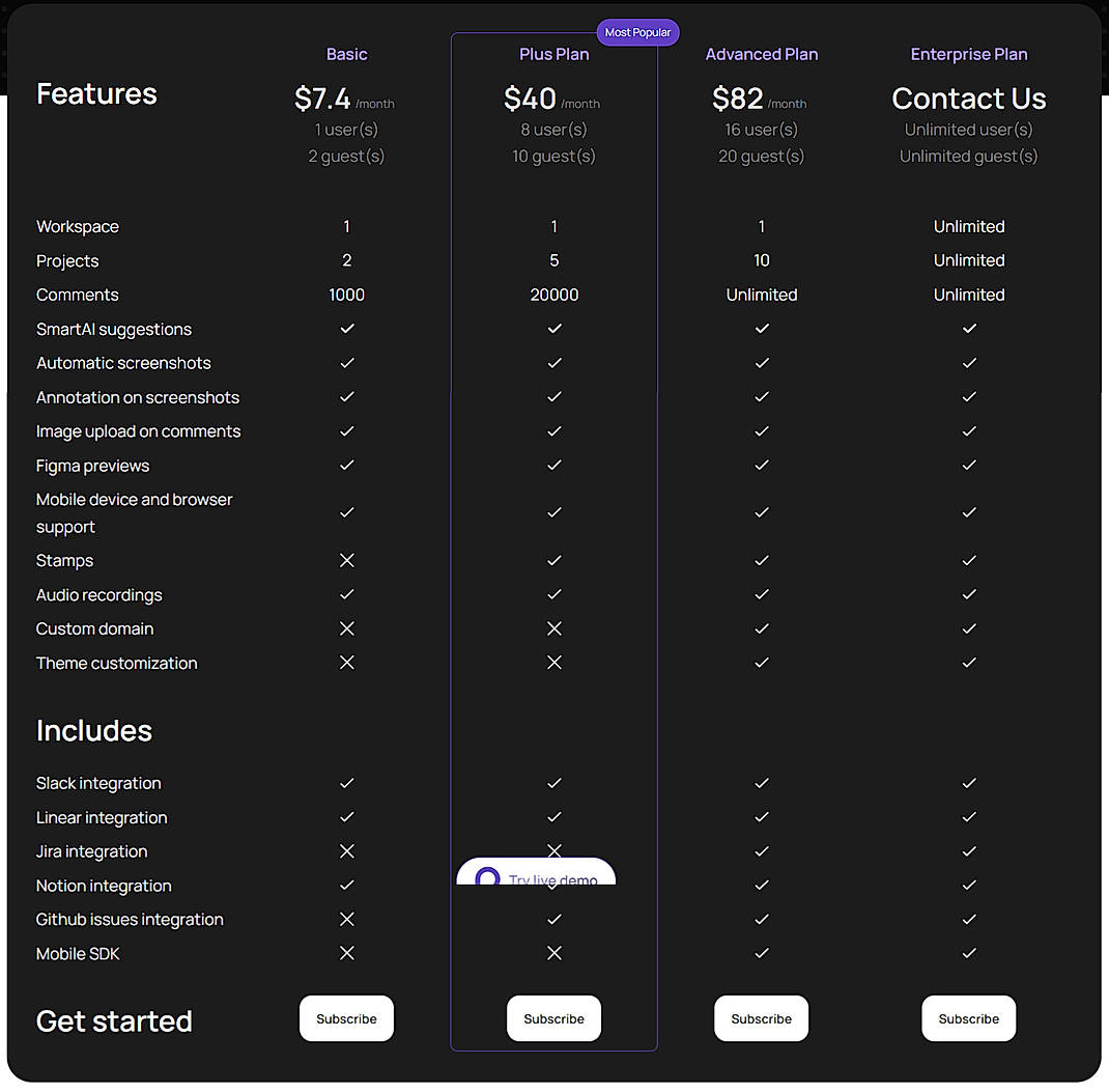 Pricing screenshot