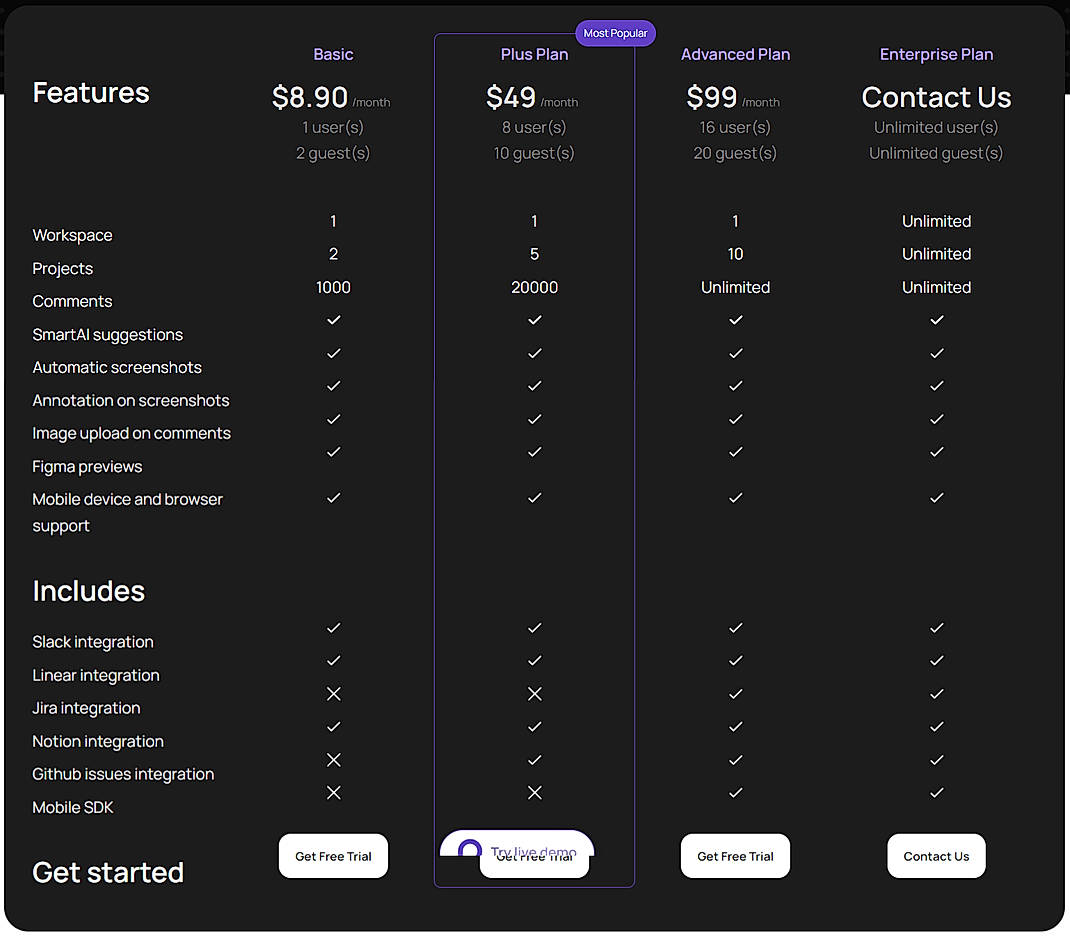 Pricing screenshot