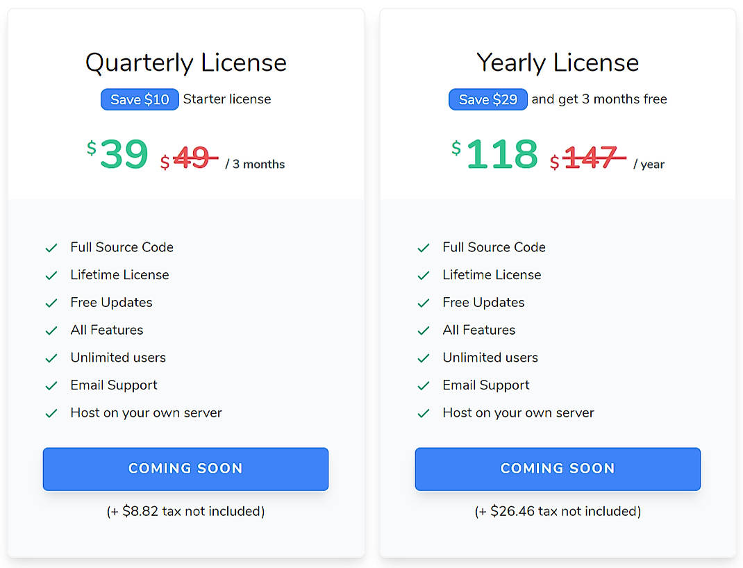 Pricing screenshot