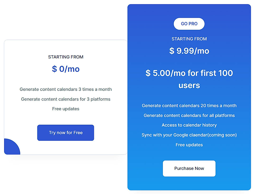 Pricing screenshot