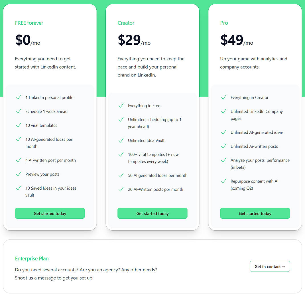 Pricing screenshot