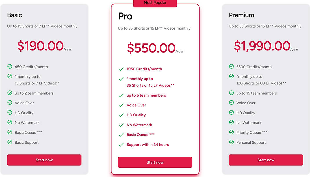 Pricing screenshot