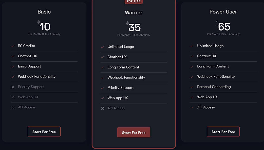 Pricing screenshot