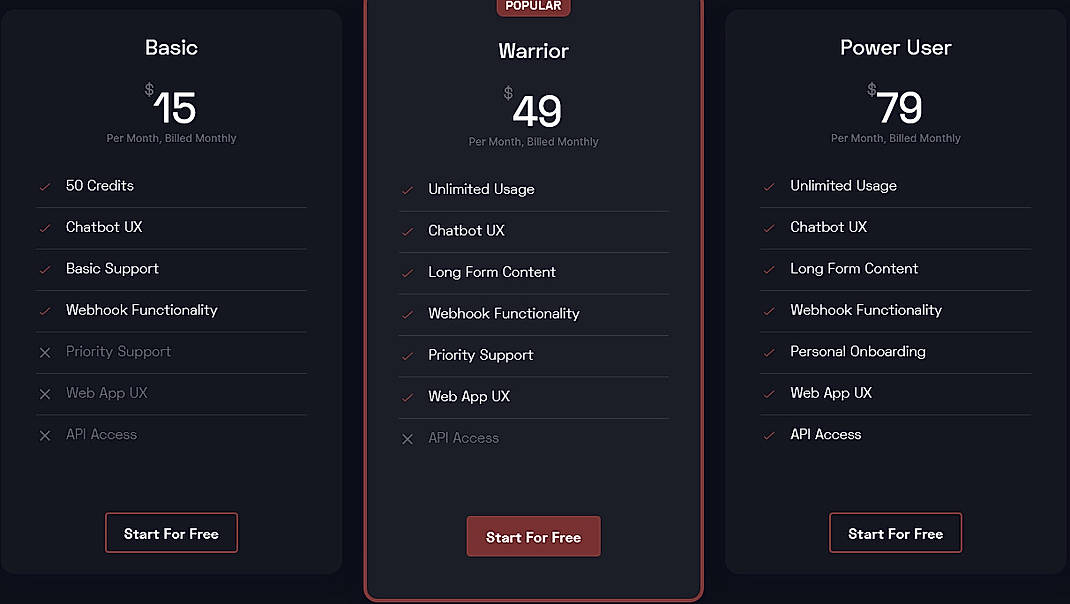 Pricing screenshot