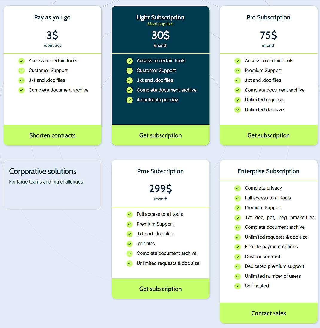 Pricing screenshot