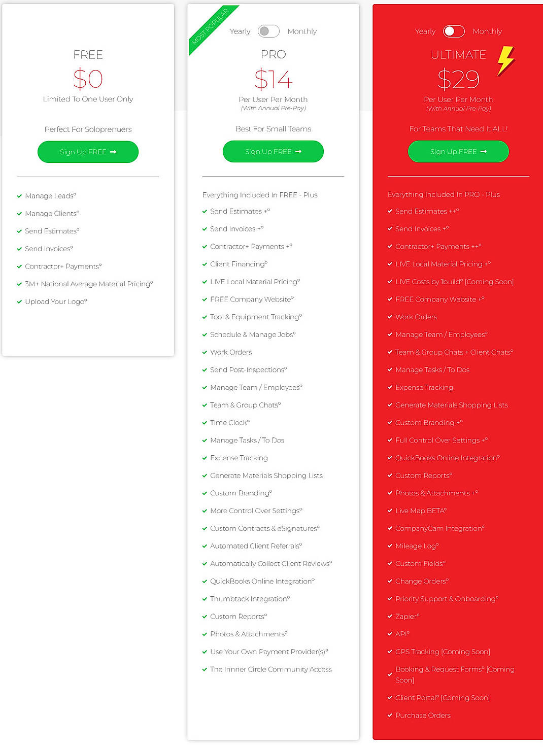 Pricing screenshot