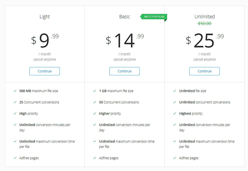 Pricing screenshot