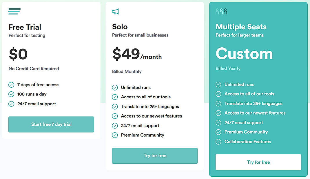 Pricing screenshot