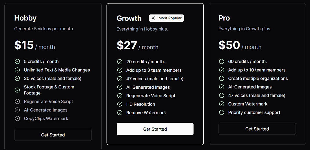 Pricing screenshot