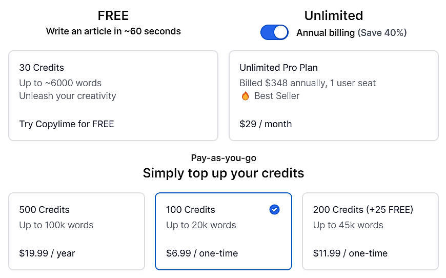 Pricing screenshot