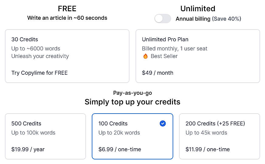Pricing screenshot
