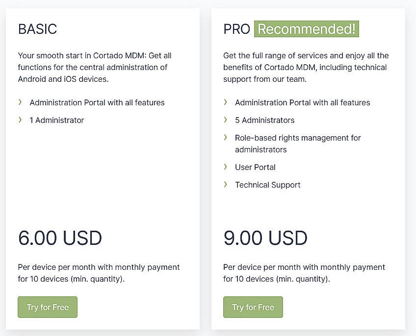Pricing screenshot