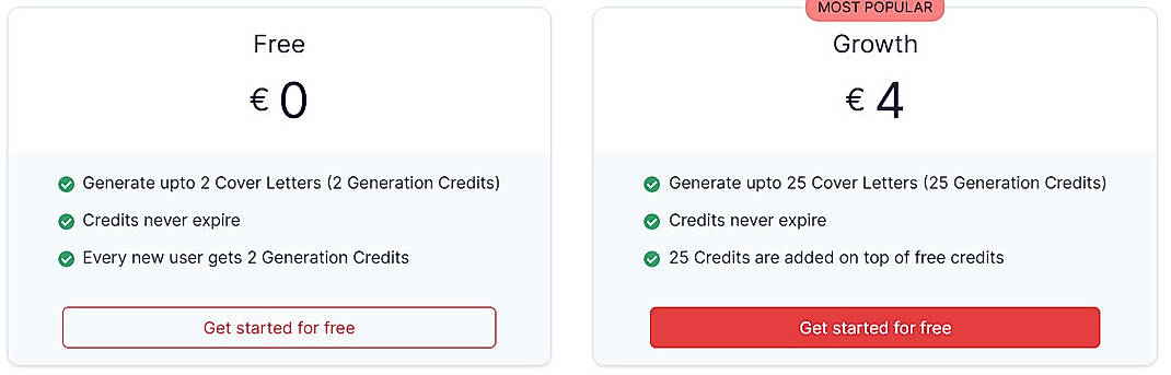 Pricing screenshot