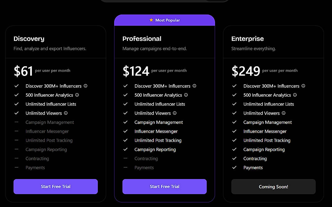 Pricing screenshot