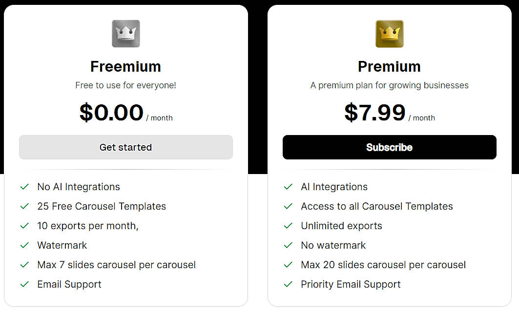 Pricing screenshot