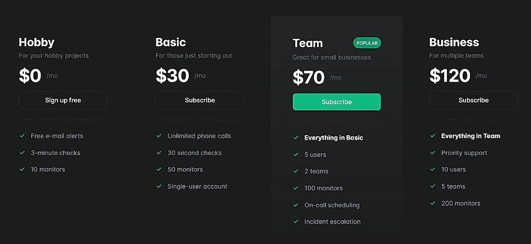 Pricing screenshot