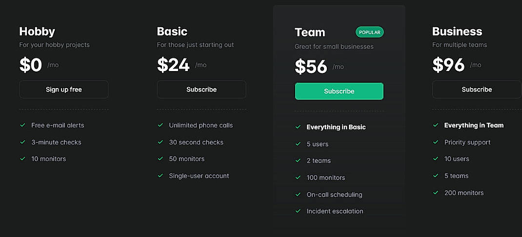 Pricing screenshot