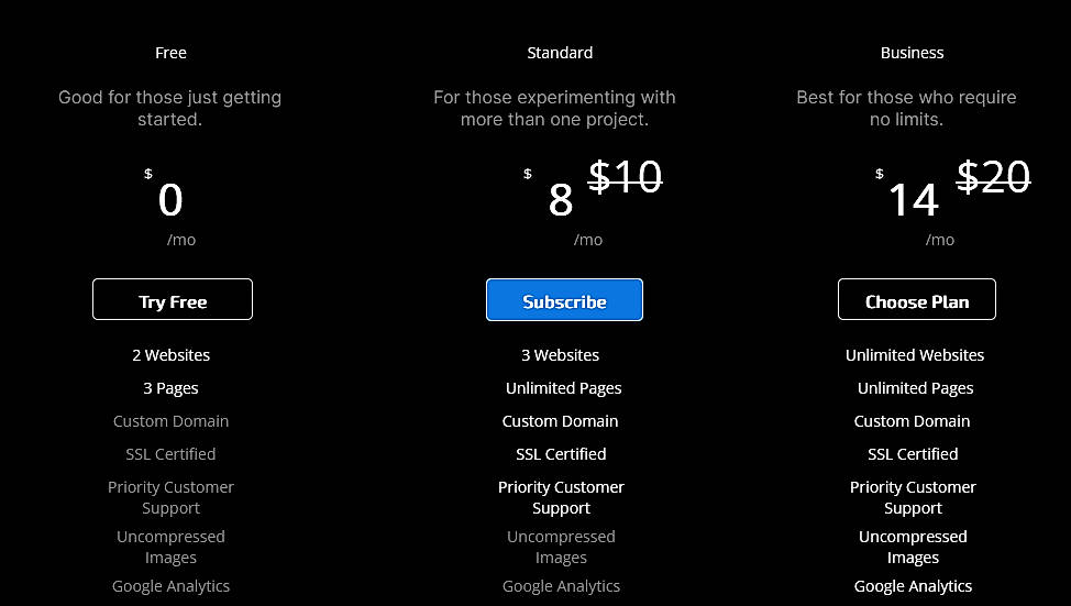 Pricing screenshot