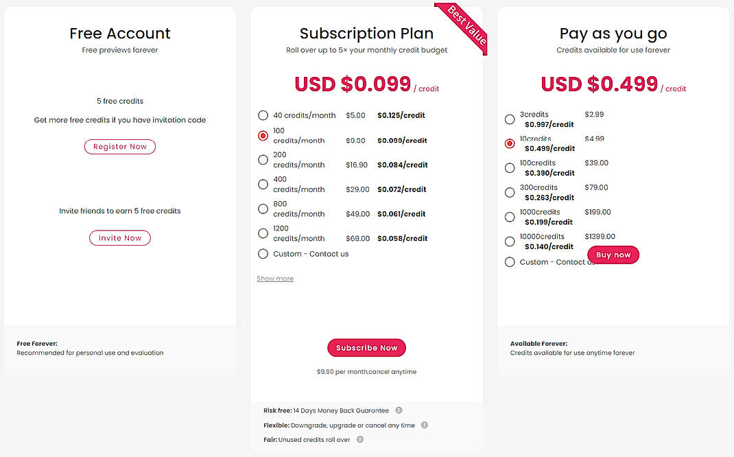 Pricing screenshot