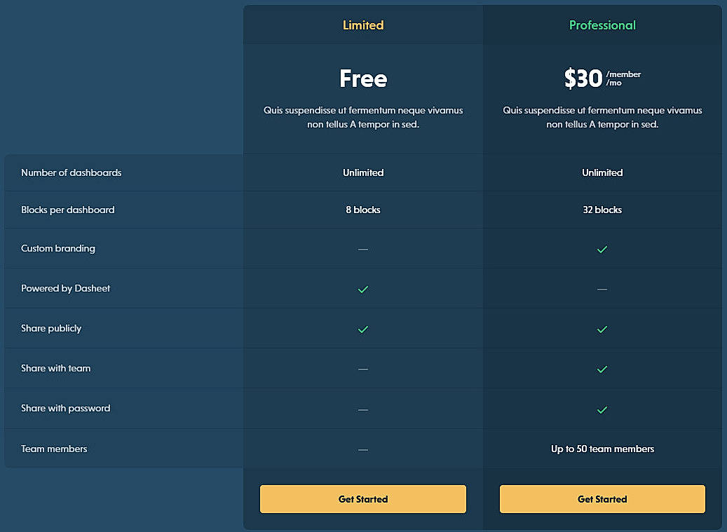 Pricing screenshot