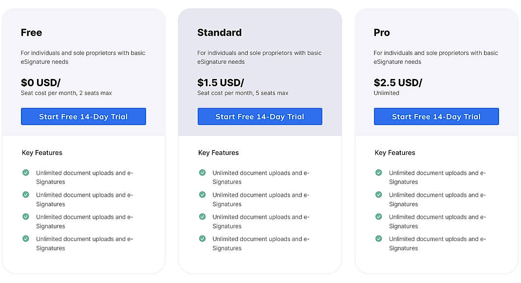 Pricing screenshot