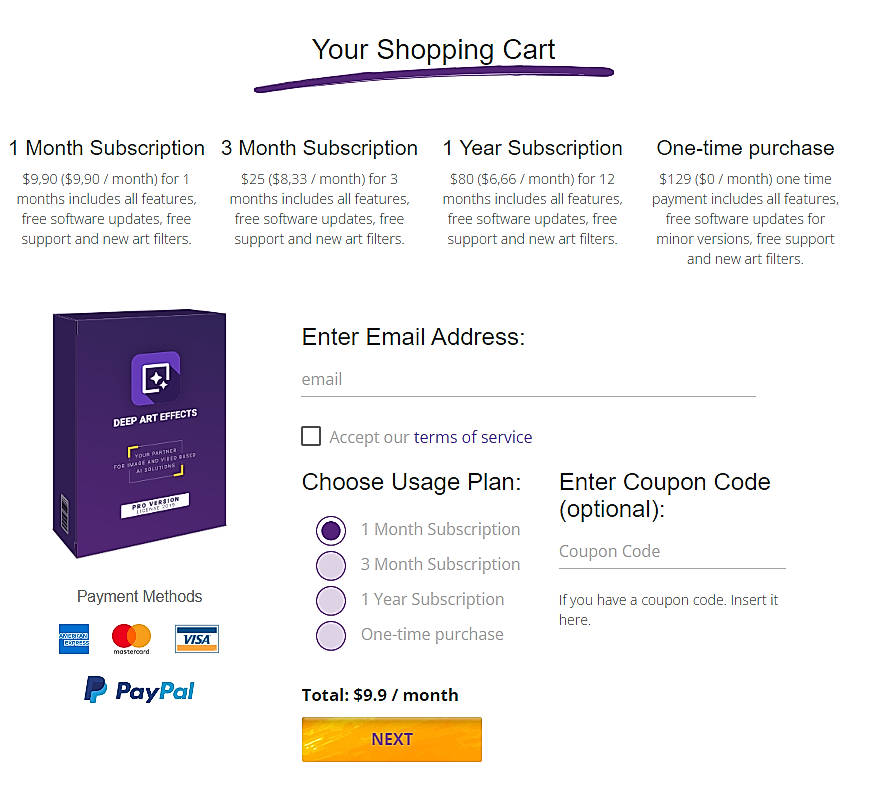 Pricing screenshot