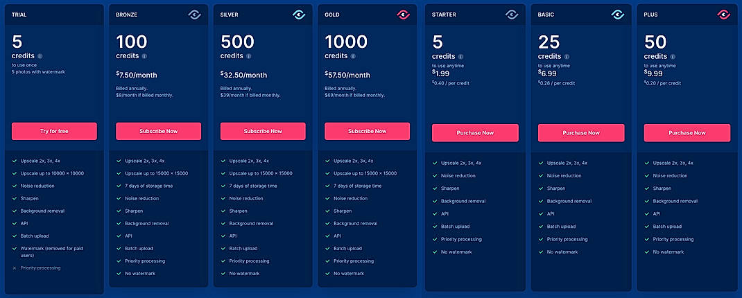 Pricing screenshot