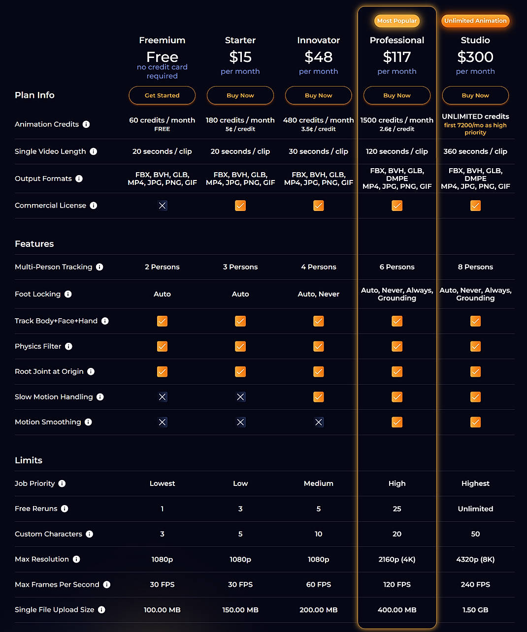 Pricing screenshot