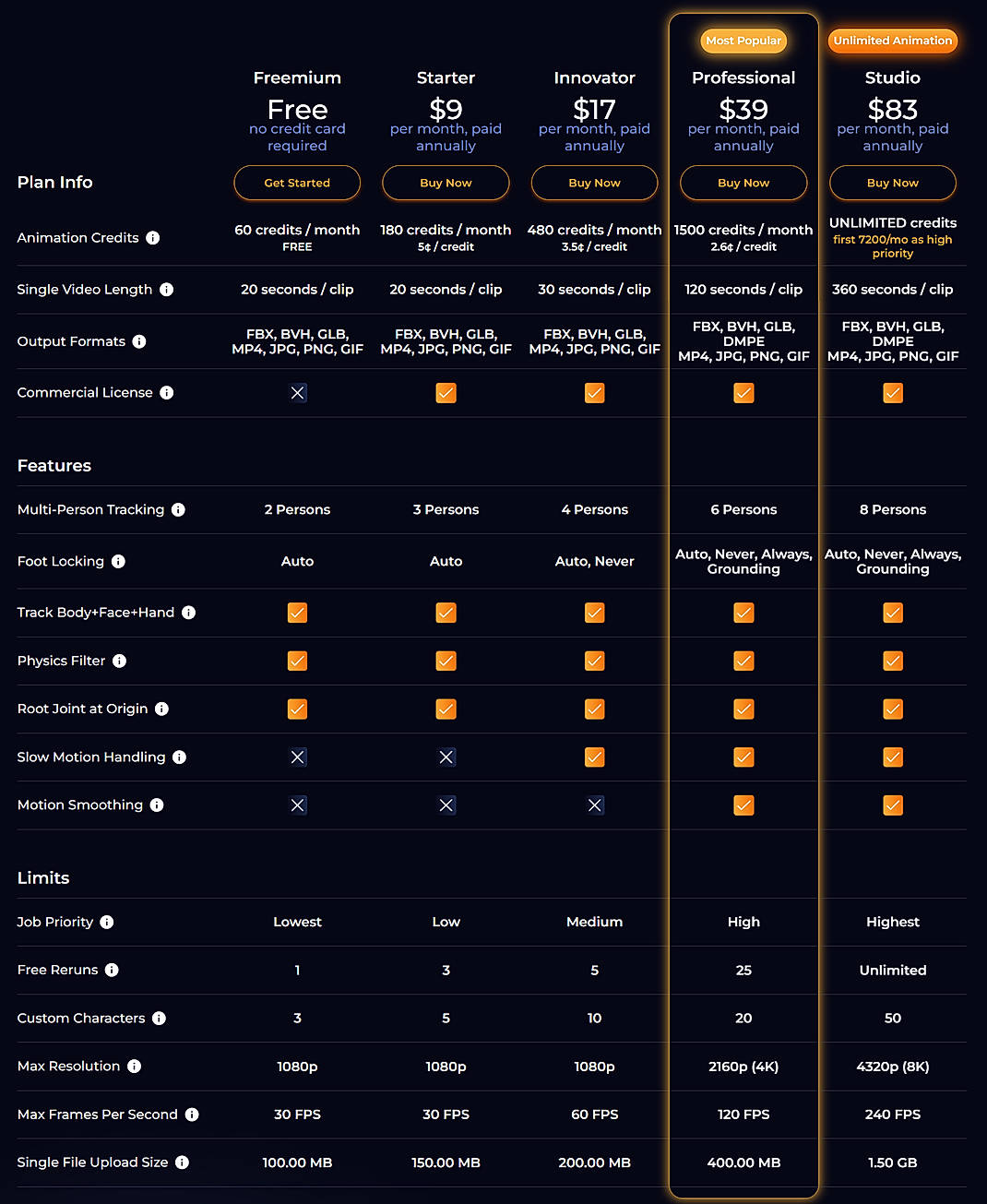 Pricing screenshot