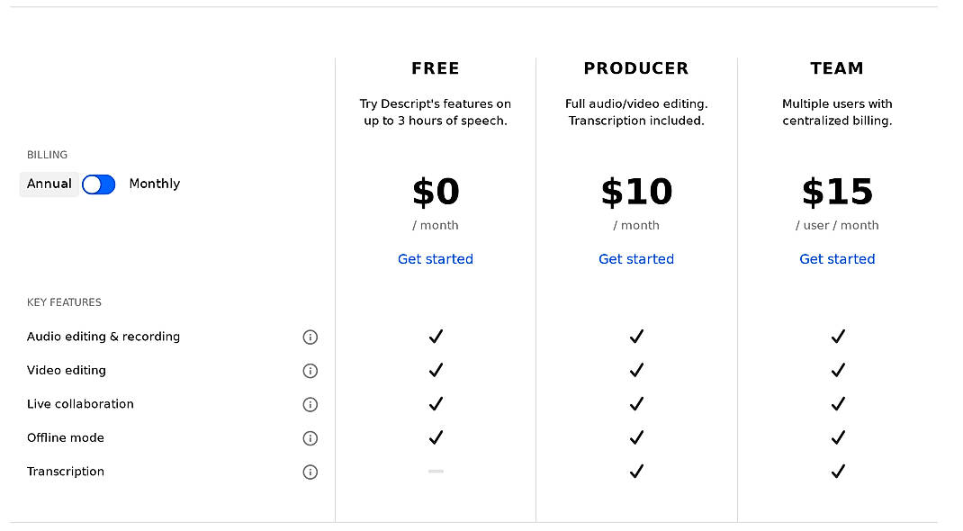Pricing screenshot
