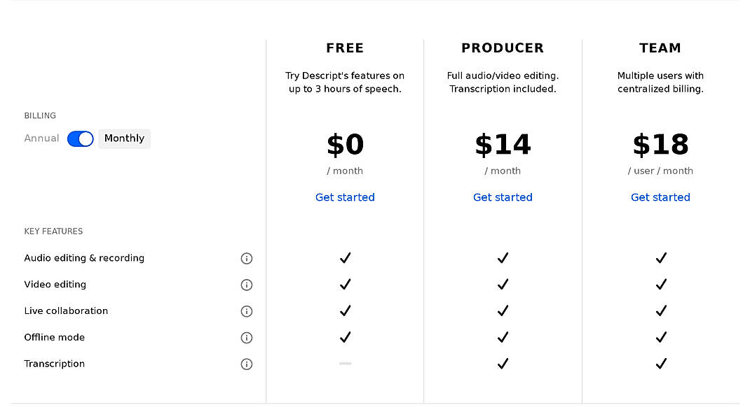 Pricing screenshot
