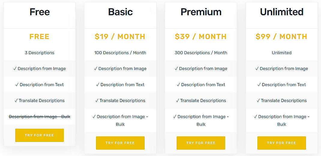 Pricing screenshot