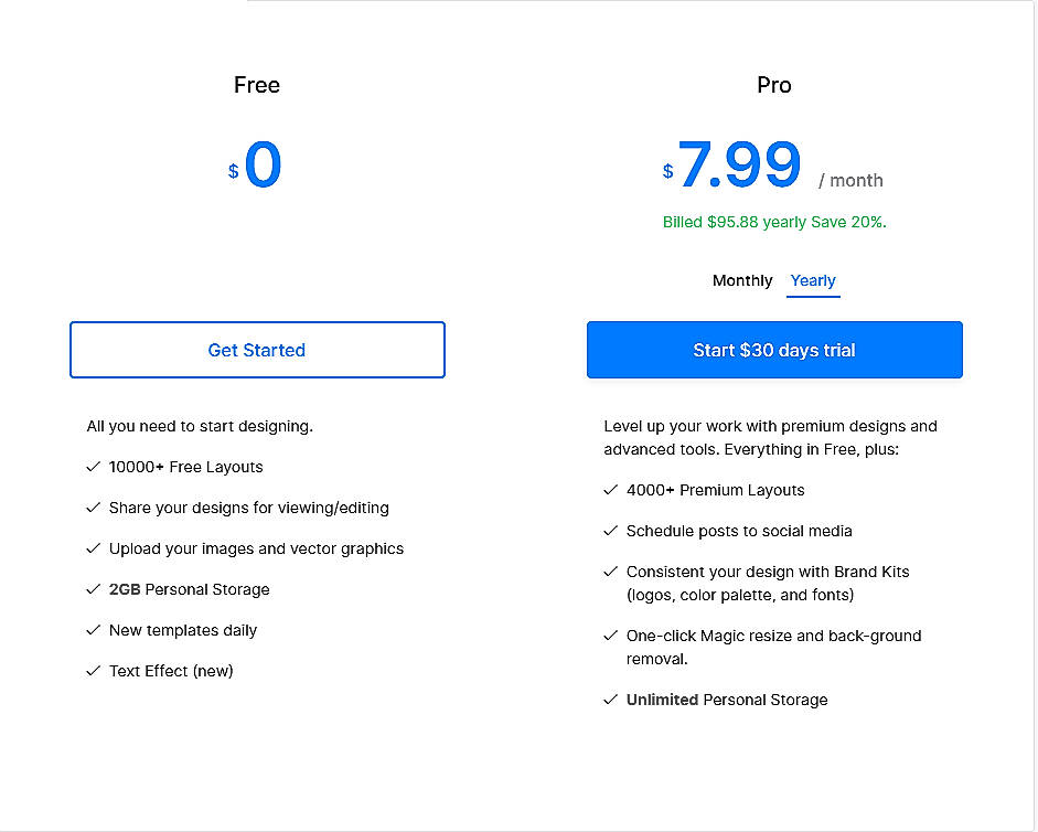 Pricing screenshot