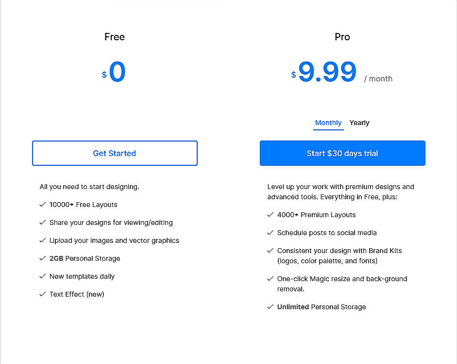 Pricing screenshot