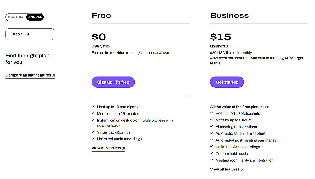 Pricing screenshot