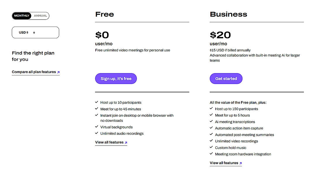 Pricing screenshot