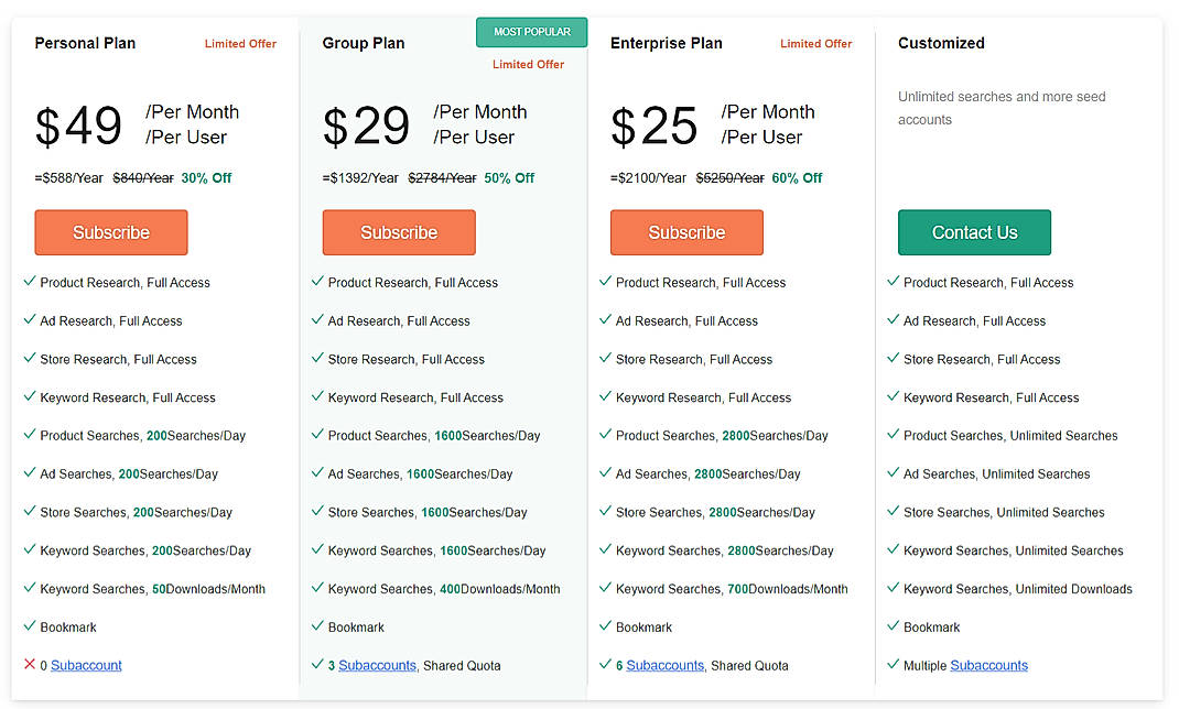 Pricing screenshot