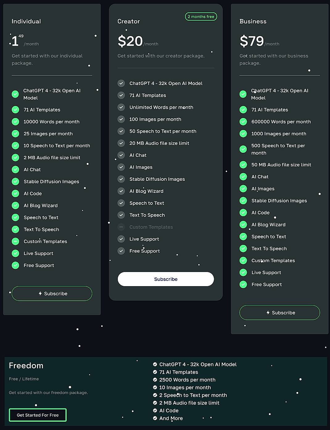 Pricing screenshot