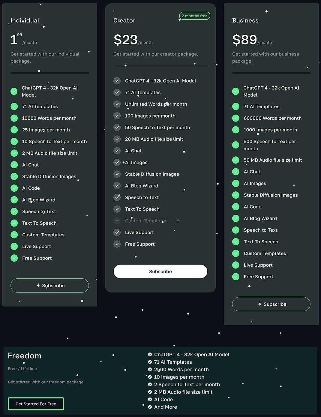 Pricing screenshot