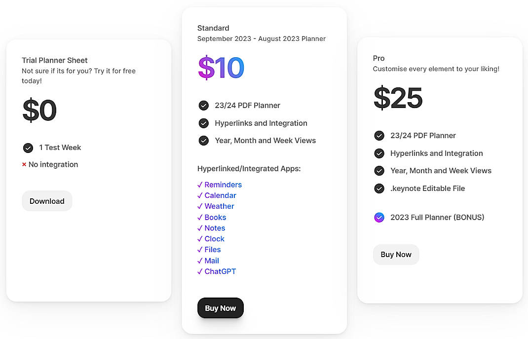 Pricing screenshot