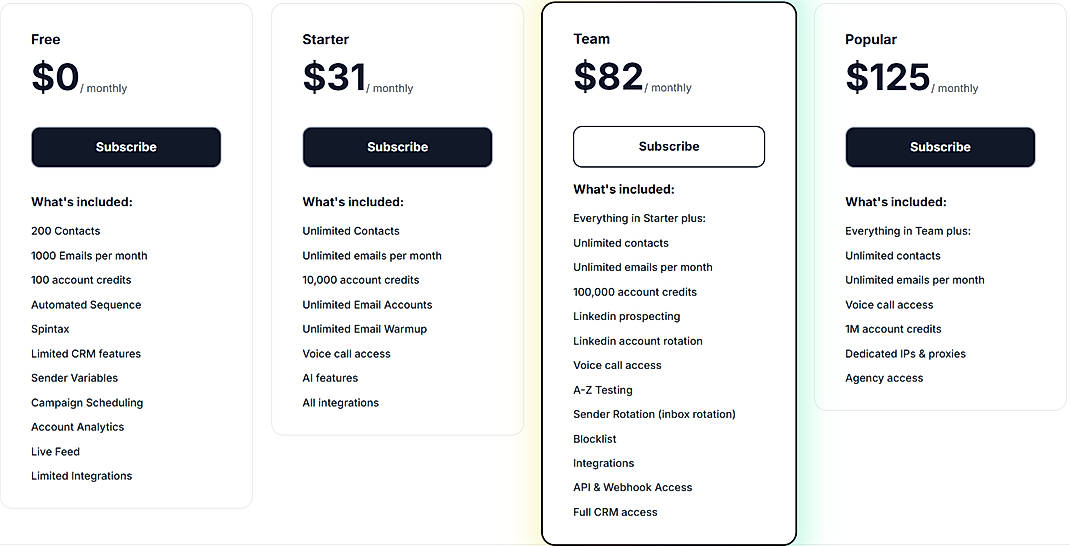 Pricing screenshot