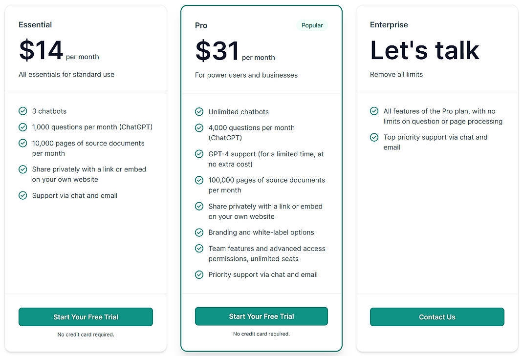 Pricing screenshot