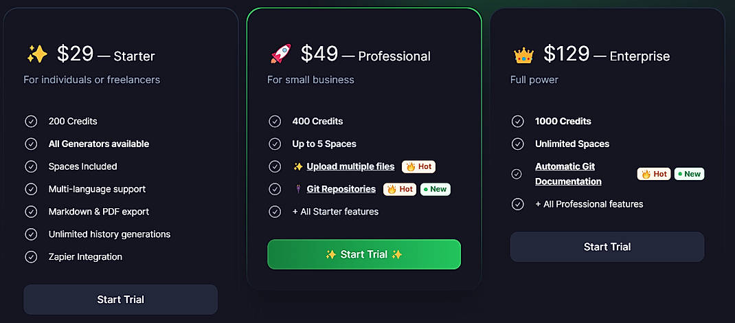 Pricing screenshot