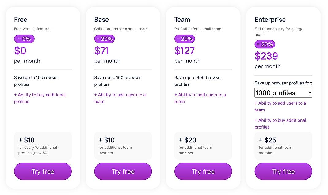 Pricing screenshot