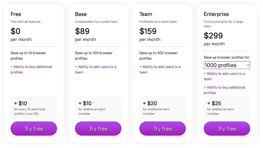 Pricing screenshot