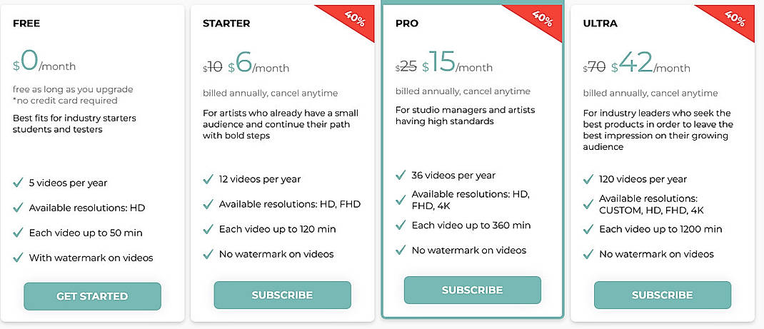 Pricing screenshot
