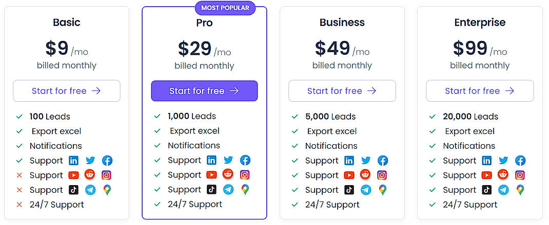 Pricing screenshot