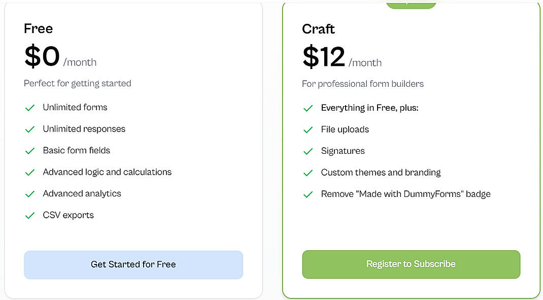Pricing screenshot