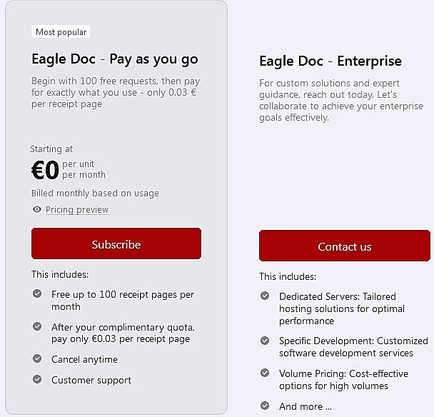 Pricing screenshot