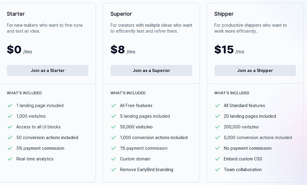 Pricing screenshot